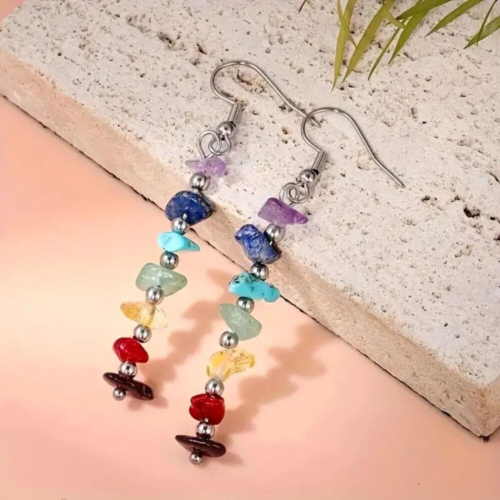 Multi Gemstone Dangle Earrings Raw Beaded Crystal Drop Tassel Amethyst Quartz